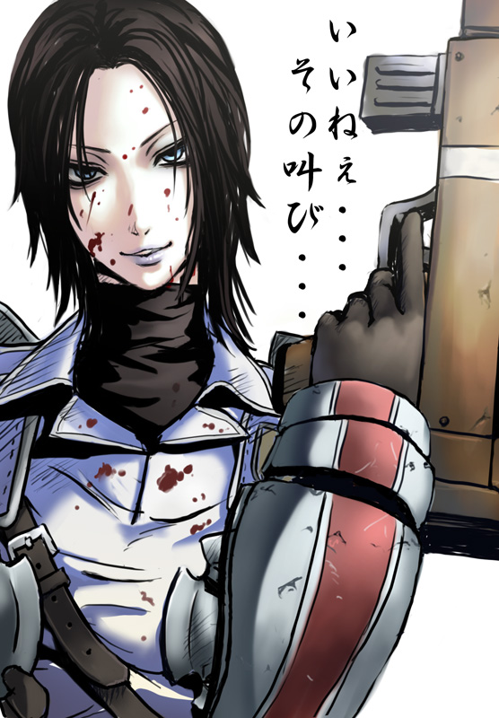karee oshou, jane turner, senjou no valkyria, senjou no valkyria (series), senjou no valkyria 1, translation request, 00s, 1girl, black hair, blood, blue eyes, female focus, gloves, gun, lipstick, makeup, military, military uniform, naughty face, purple lips, sadism, short hair, simple background, smile, solo, turtleneck, weapon, yandere