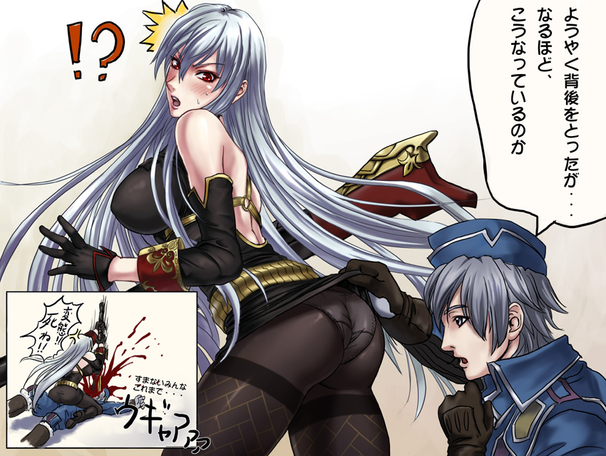 karee oshou, selvaria bles, welkin gunther, senjou no valkyria, senjou no valkyria (series), senjou no valkyria 1, silver hair, translation request, !?, 00s, 1boy, 1girl, angry, ass, blood, blush, breasts, clothes lift, face injury, grey eyes, head injury, large breasts, military, military uniform, panties, panties under pantyhose, pantyhose, red eyes, skirt, skirt lift, stab, sweat, thighband pantyhose, underwear, upskirt