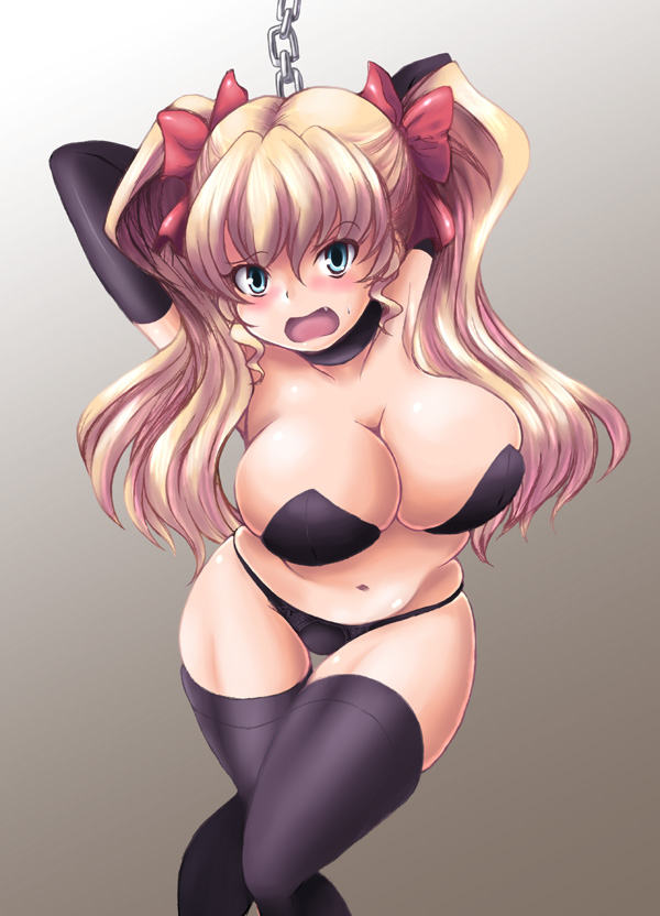 kihaiu, daikuuji ayu, kimi ga nozomu eien, 00s, 1girl, bdsm, blonde hair, blue eyes, blush, bondage, bound, breasts, elbow gloves, female focus, gloves, large breasts, long hair, panties, skindentation, solo, thighhighs, twintails, underwear