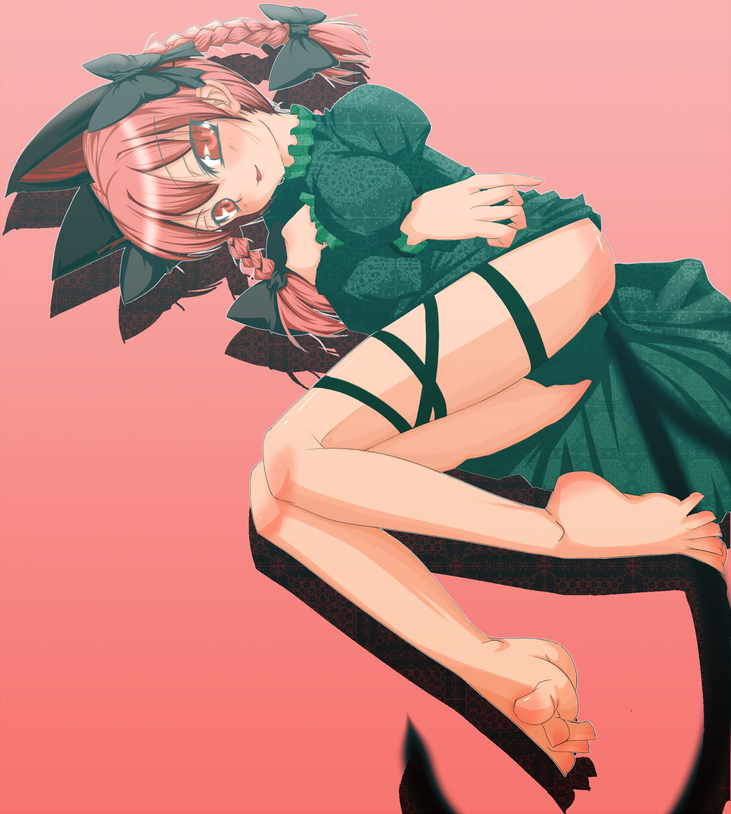 ryu-tan, ryutan, kaenbyou rin, touhou, bad id, bad pixiv id, highres, 1girl, ass, barefoot, braid, breasts, feet, female focus, full body, gradient background, legs, lying, solo, twin braids