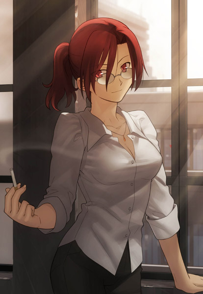 takeuchi takashi, aozaki touko, kara no kyoukai, non-web source, official art, 1girl, breasts, cigarette, cleavage, female focus, glasses, ponytail, red eyes, red hair, sleeves rolled up, smoking, solo