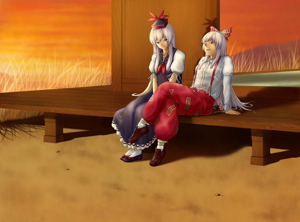 inuzuka bouru, fujiwara no mokou, kamishirasawa keine, touhou, bad id, bad pixiv id, 2girls, arm support, crossed legs, dusk, female focus, leaning back, long hair, multiple girls, porch, sitting, veranda, very long hair