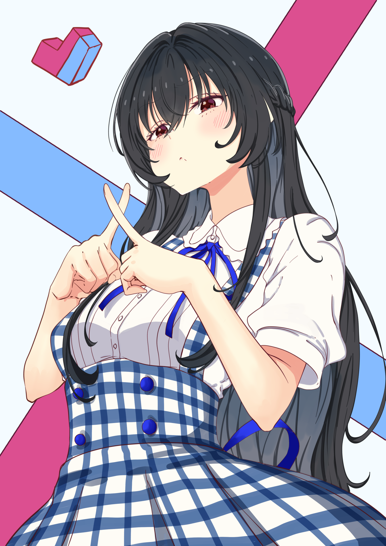 mono9ron, amaori renako, koto satsuki, koyanagi kaho, ouzuka mai, sena ajisai, watashi ga koibito ni nareru wake naijan murimuri!, commentary, highres, 1girl, :o, black hair, blush, braid, brown eyes, collared shirt, crossed fingers, dress, half up braid, long hair, plaid clothes, plaid dress, school uniform, shirt, shirt under dress, short sleeves, solo, upper body, white shirt