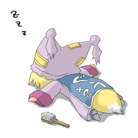 abekawa, yakumo ran, touhou, lowres, 1girl, aged down, animal hat, blonde hair, chibi, clothes writing, expressive clothes, female focus, fox tail, hair brush, hat, long sleeves, lying, mob cap, on stomach, short hair, sleeping, solo, tail, tassel, white background, wide sleeves, zzz