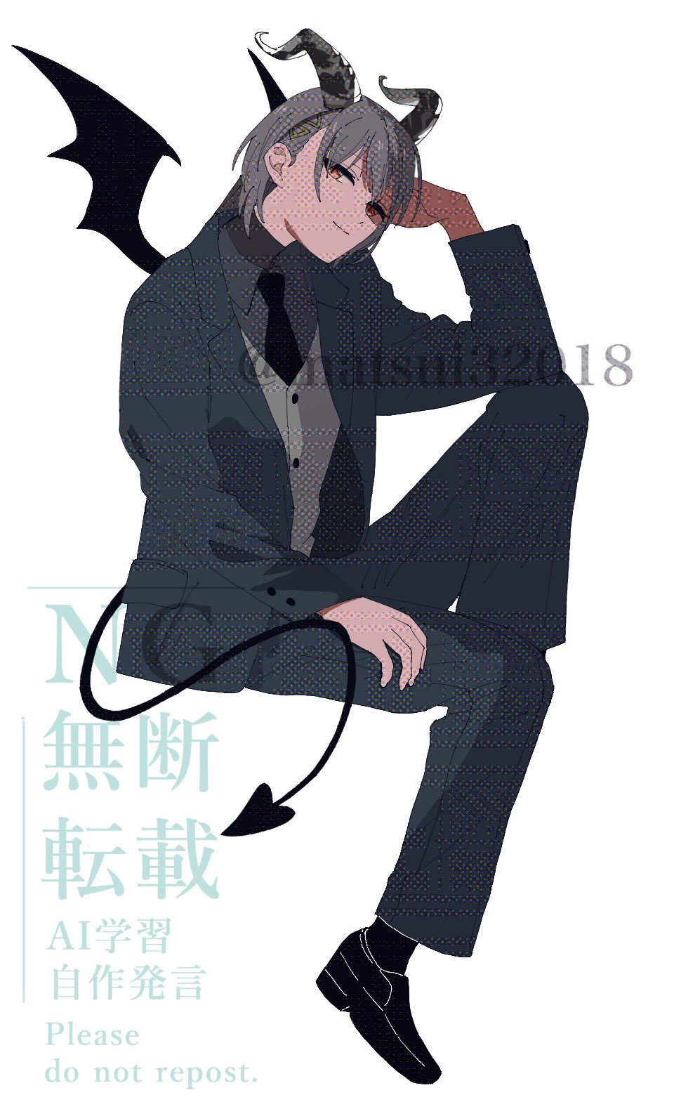matsui ibuki, katsuragi izumi, link! like! love live!, love live!, highres, 1girl, alternate costume, black jacket, black necktie, black pants, black shoes, black socks, black suit, blue jacket, closed mouth, demon girl, demon horns, demon tail, demon wings, formal clothes, grey hair, grey shirt, grey vest, horns, invisible chair, jacket, jellyfish cut, long hair, long sleeves, looking at viewer, necktie, open clothes, open jacket, orange eyes, pants, shirt, shoes, simple background, sitting, socks, solo, split mouth, suit, suit jacket, tail, vest, virtual youtuber, watermark, watermark grid, white background, wings