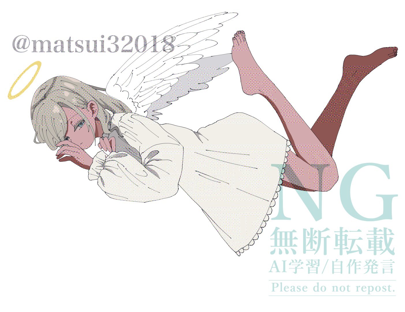 matsui ibuki, ceras yanagida lilienfeld, link! like! love live!, love live!, 1girl, alternate costume, angel, angel wings, blue eyes, dress, feathered wings, frilled dress, frilled sleeves, frills, grey hair, halo, long hair, short dress, simple background, solo, traditional halo, virtual youtuber, watermark, watermark grid, white background, white dress, white wings, wings, yellow halo