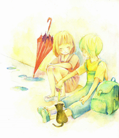 nagomi (nekozyarashide), bad id, bad pixiv id, lowres, cat, child, nagomi (pixiv), short hair, umbrella