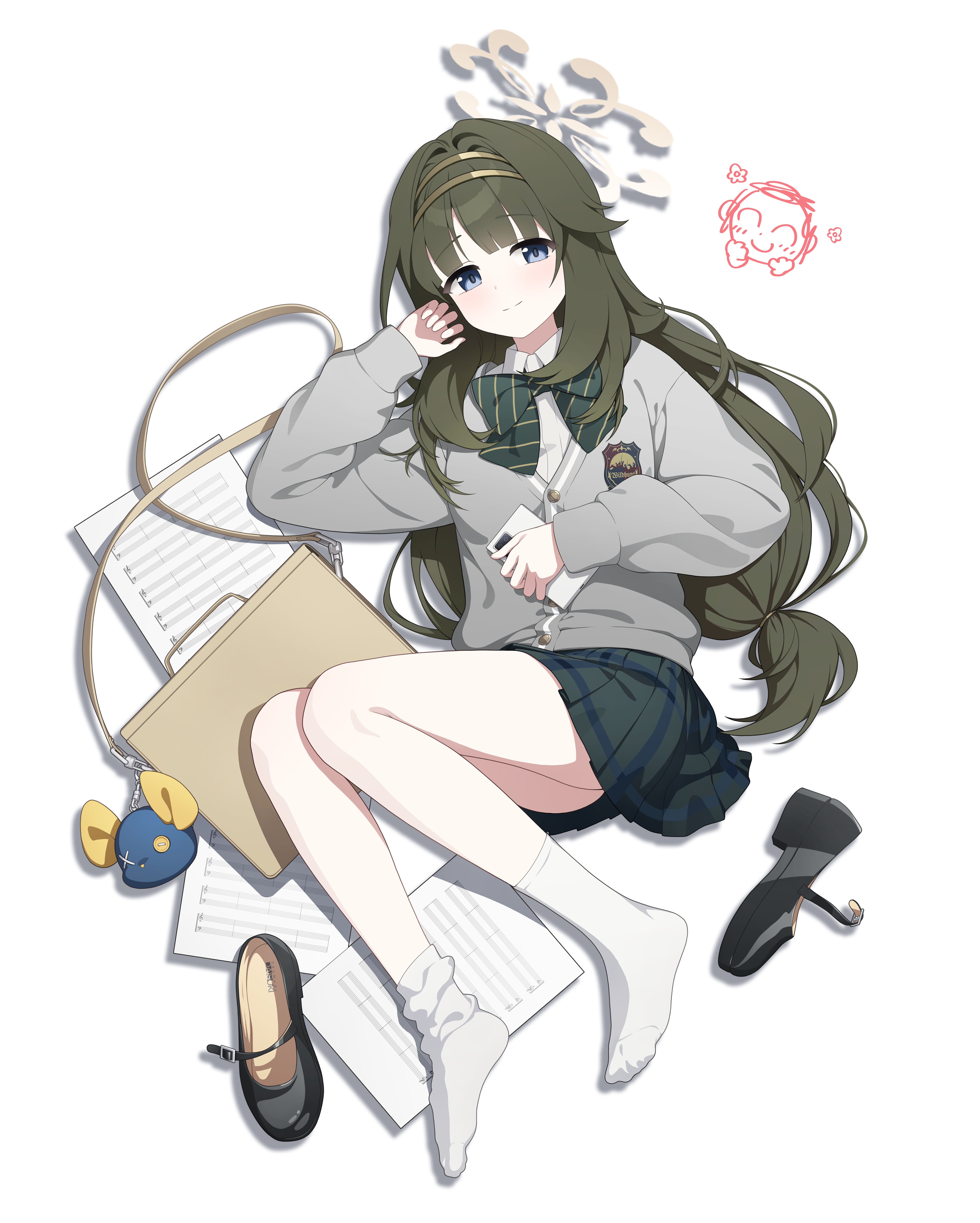 dong ji, doodle sensei (blue archive), sensei (blue archive), tsumugi (blue archive), blue archive, absurdres, commentary request, highres, 1boy, 1girl, bag, blue eyes, bow, bowtie, cardigan, green bow, green hair, grey cardigan, hairband, halo, holding, holding phone, long hair, long sleeves, looking at viewer, phone, pleated skirt, sheet music, shoes, simple background, skirt, smile, socks, solo focus, striped bow, unworn shoes, white background, white socks, wild hunt academy of arts logo