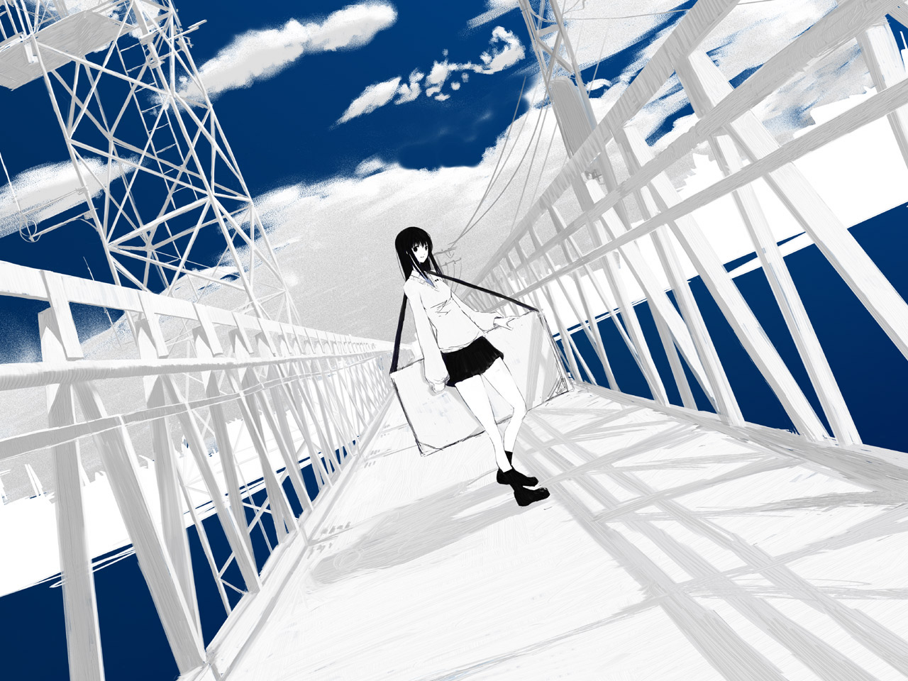 emukami, tagme, 1girl, black hair, bridge, female focus, sky, solo