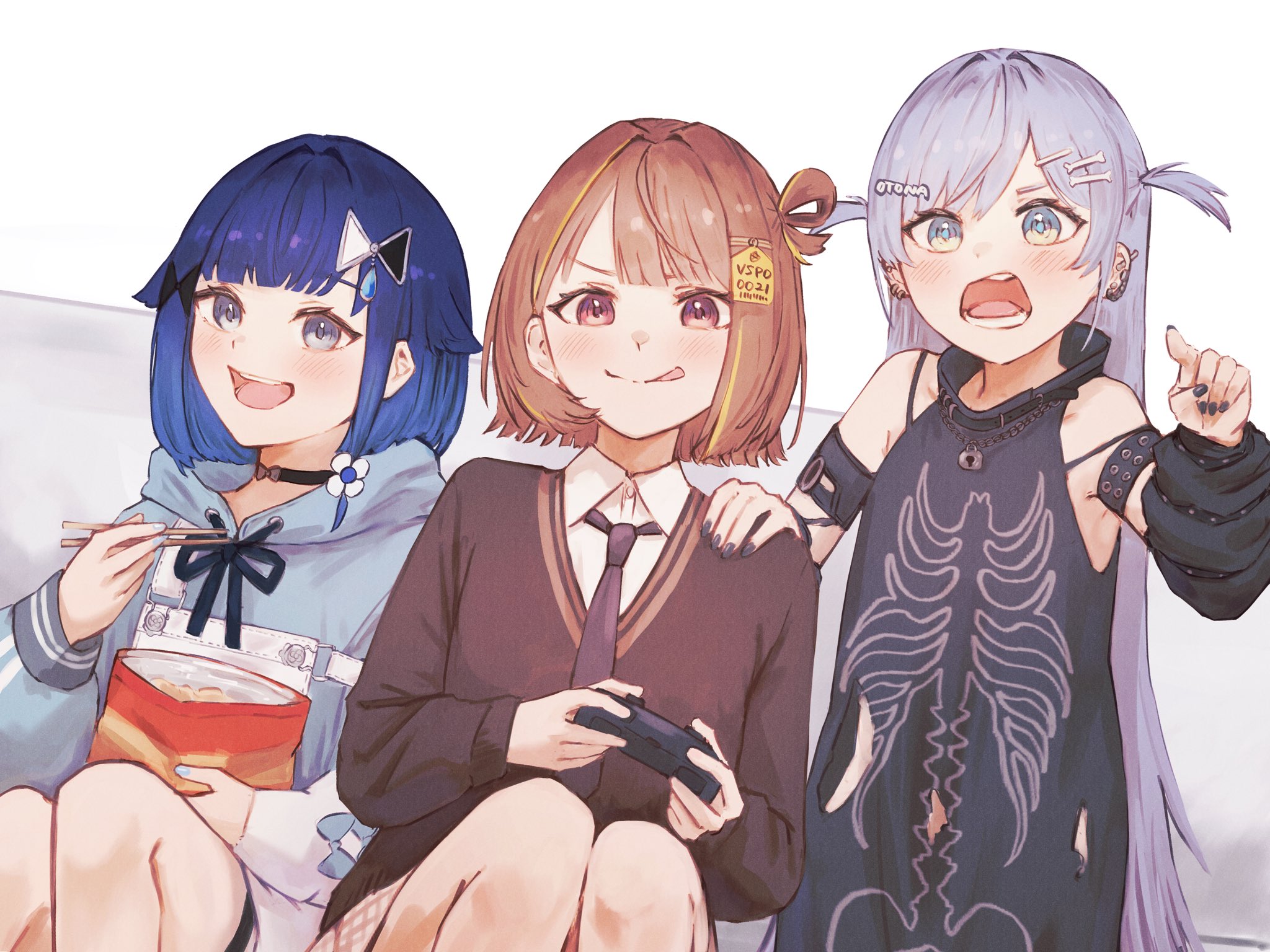 tsubu (kappunioyu562), sendo yuuhi, tsumugi kokage, yano kuromu, vspo!, highres, 3girls, arm warmers, bag of chips, bare shoulders, black choker, black nails, black necktie, blue hair, blue hoodie, blue nails, bone hair ornament, bra strap, brown cardigan, brown eyes, brown hair, cardigan, choker, chopsticks, controller, drawstring, dress, ear piercing, earrings, gradient hair, grey eyes, grey hair, hair flaps, hair intakes, hair ornament, hair rings, hand on another's shoulder, holding, holding chopsticks, holding controller, hood, hoodie, jewelry, long hair, medium hair, multicolored hair, multiple girls, nail polish, necktie, open mouth, overalls, parted bangs, piercing, pointing, shirt, simple background, single hair ring, sitting, sleeveless, sleeveless dress, strap slip, streaked hair, studded armlet, thigh strap, tied drawstring, tongue, tongue out, torn clothes, two side up, virtual youtuber, water drop hair ornament, white background, white eyes, white overalls, white shirt