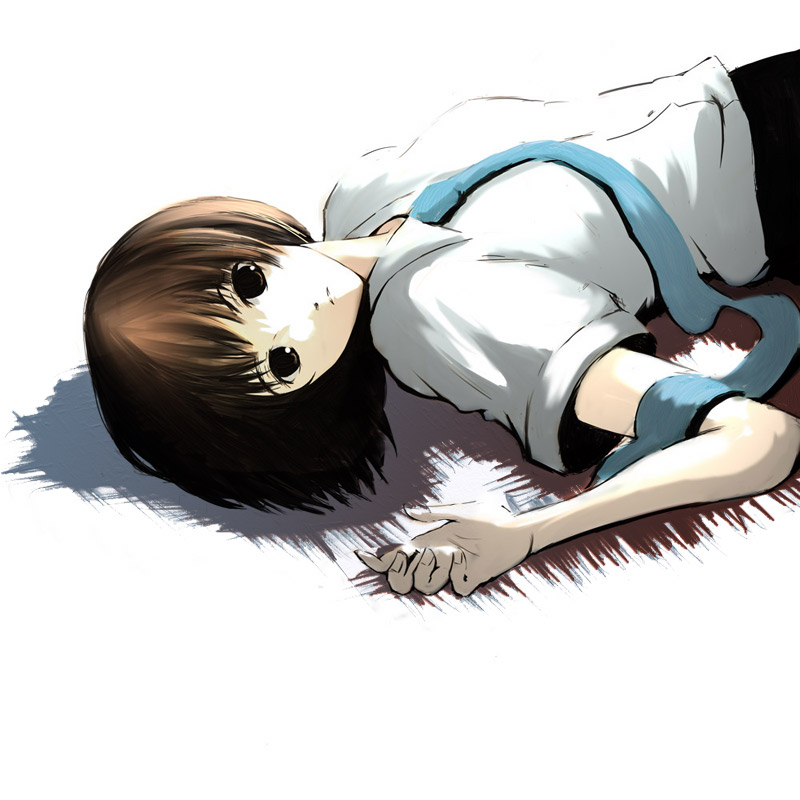emukami, bad id, bad pixiv id, 1girl, brown hair, female focus, lying, necktie, school uniform, serafuku, solo, white background