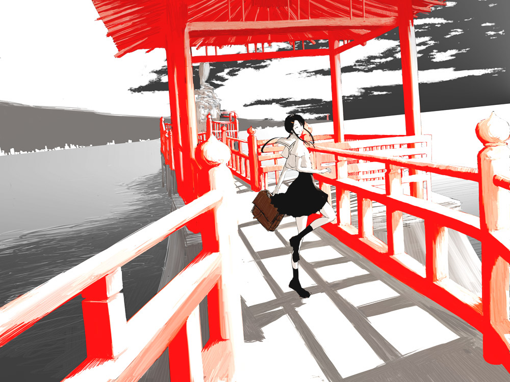 emukami, 1girl, ^ ^, architecture, bag, black shoes, black socks, bridge, closed eyes, day, east asian architecture, female focus, from side, holding, holding bag, low ponytail, outdoors, ponytail, school uniform, serafuku, shoes, socks, solo, standing, standing on one leg, water