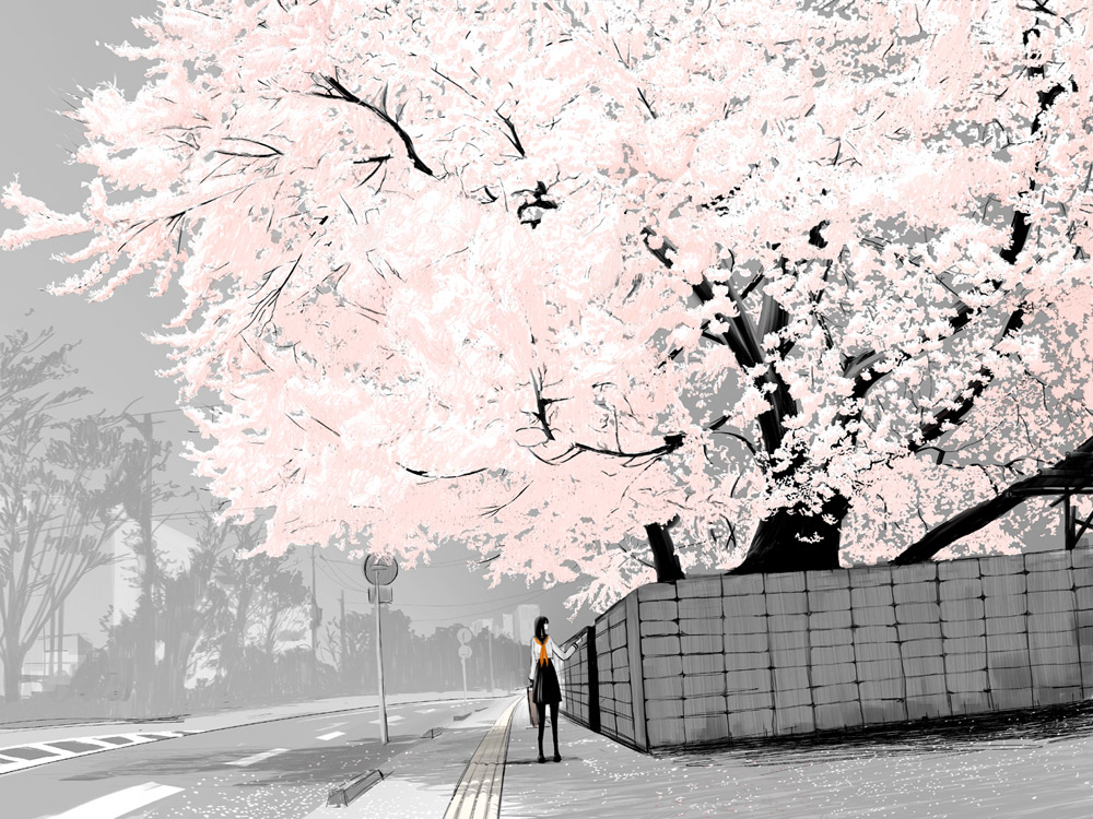 emukami, 1girl, cherry blossoms, female focus, perspective, road, scenery, school uniform, serafuku, solo, street, tree