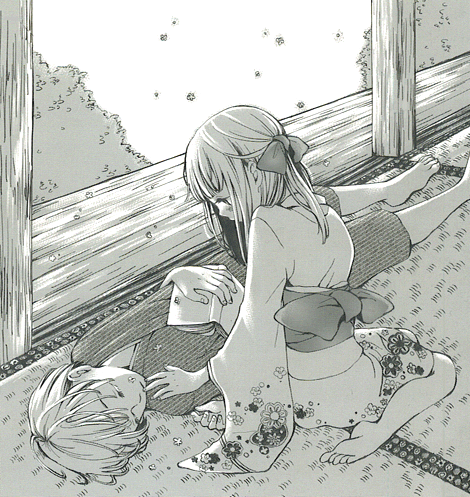 nagomi (nekozyarashide), bad id, bad pixiv id, lowres, 1boy, 1girl, book, couple, greyscale, hetero, japanese clothes, kimono, long hair, monochrome, nagomi (pixiv)