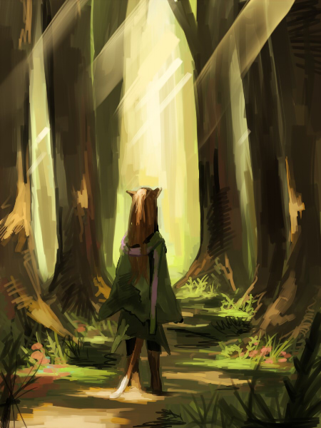 kyouichi, shui, utau tai, lamento, bad id, bad pixiv id, animal ears, cloak, forest, nature, red hair, scenery, solo, tail