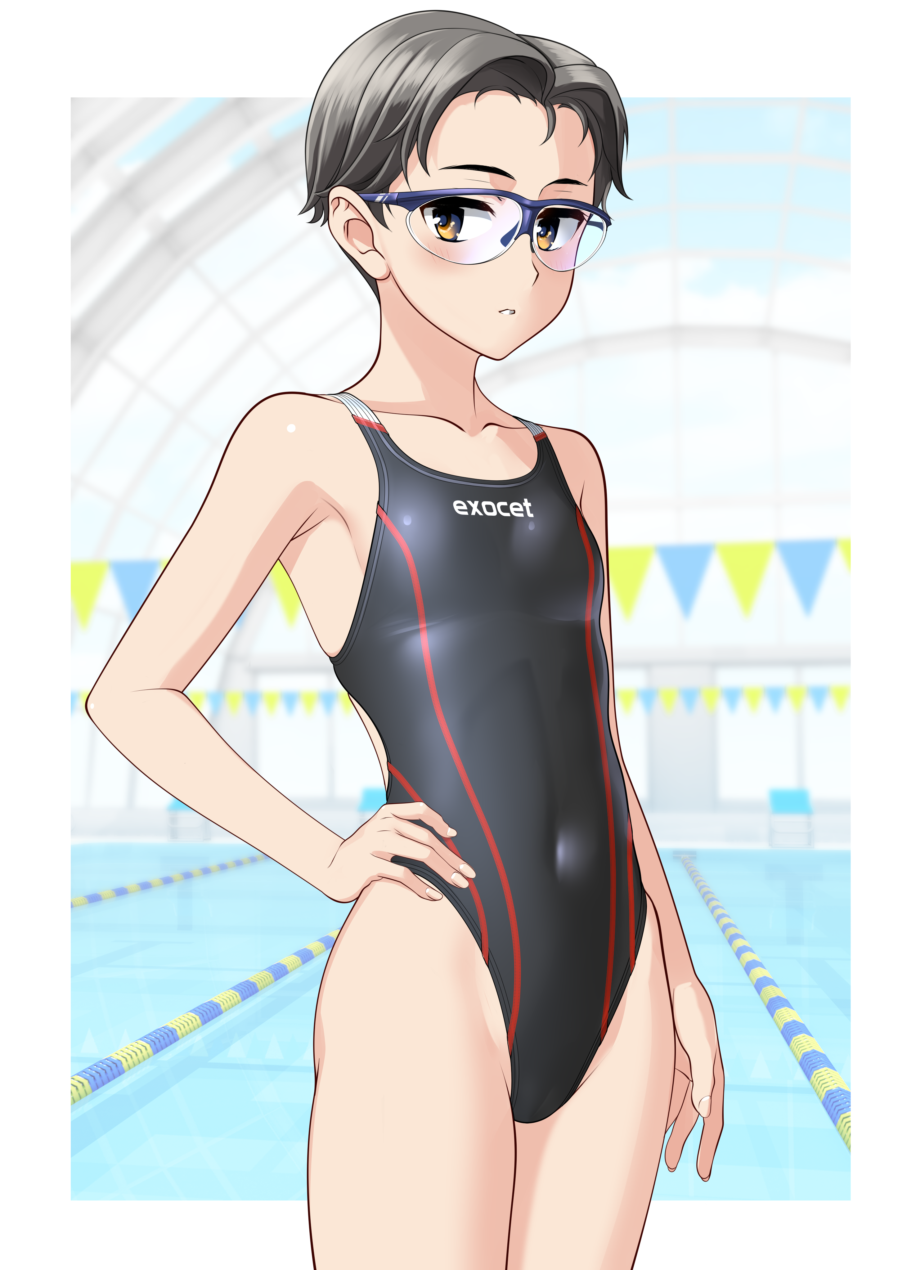 takafumi, original, absurdres, commentary request, highres, variant set, 1girl, black eyes, black hair, black one-piece swimsuit, breasts, brown eyes, cameltoe, clothes writing, competition swimsuit, covered navel, cowboy shot, glass ceiling, glasses, hand on own hip, highleg, highleg one-piece swimsuit, indoors, one-piece swimsuit, pool, short hair, small breasts, solo, string of flags, swimsuit, tomboy, two-tone swimsuit