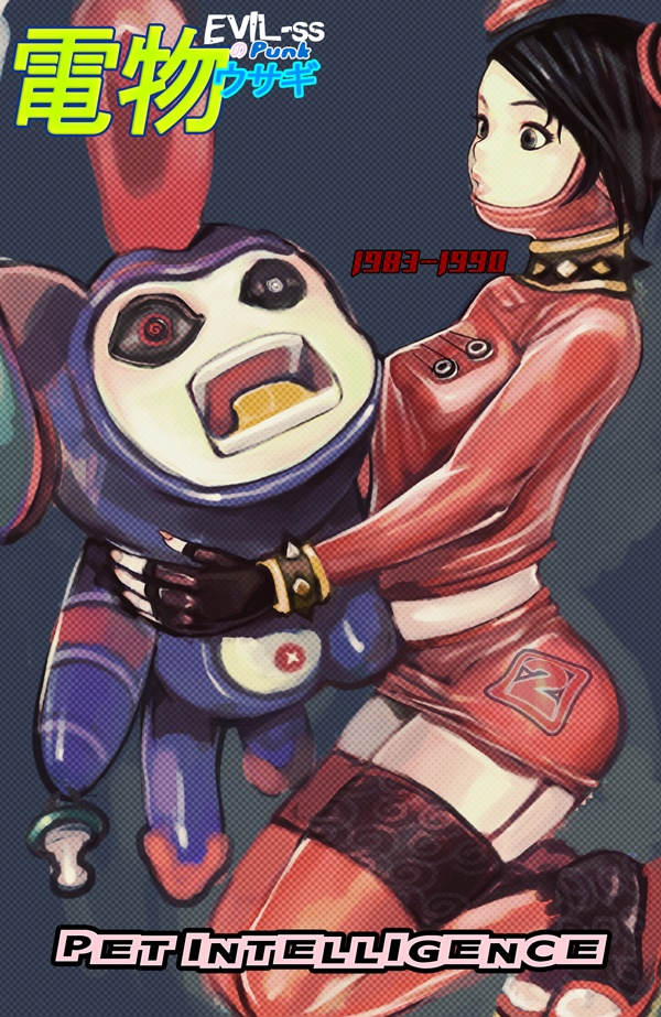 evil-ss, 1girl, black hair, choker, female focus, garter belt, gloves, pet, rabbit, solo, thighhighs