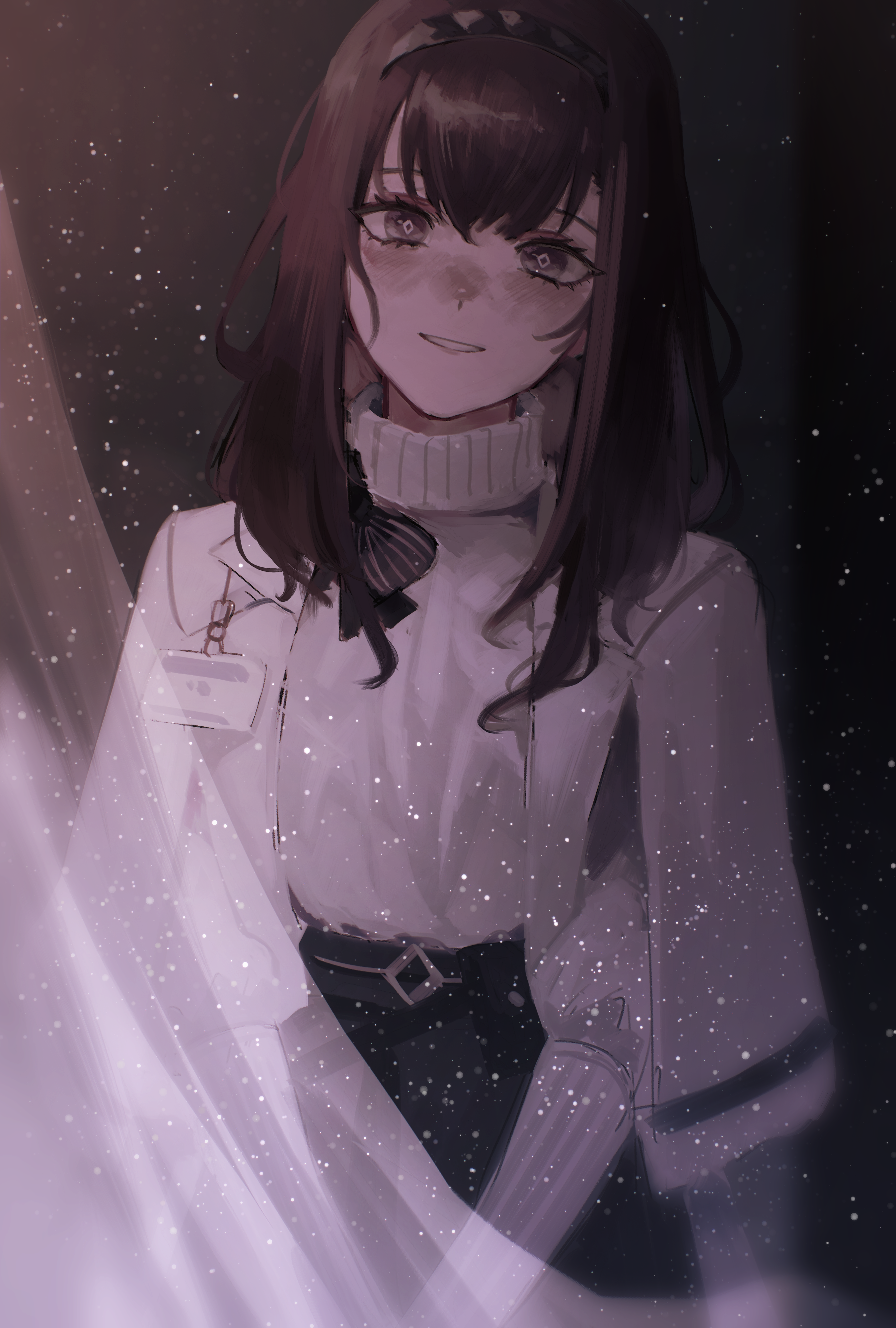 renakohii, priestess (arknights), arknights, absurdres, commentary, english commentary, highres, 1girl, black hairband, brown hair, coat, diamond-shaped pupils, diamond (shape), hairband, id card, long hair, looking at viewer, parted lips, smile, solo, sweater, symbol-shaped pupils, turtleneck, turtleneck sweater, white coat, white sweater