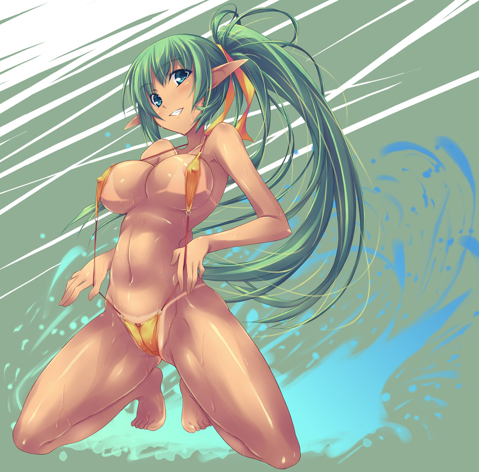 shimakaze (soundz of bell), original, 1girl, areola slip, bikini tan, breasts, covered erect nipples, female focus, green eyes, green hair, kneeling, large breasts, long hair, matching hair/eyes, naughty face, pointy ears, ponytail, slingshot swimsuit, smile, solo, sweat, swimsuit, tan, tanline, wet