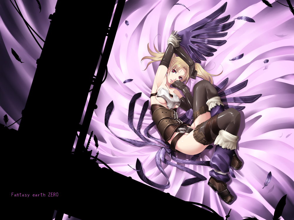 mr.romance, fantasy earth zero, 1girl, armpits, blonde hair, breasts, elbow gloves, feathers, female focus, gloves, long hair, lying, medium breasts, red eyes, solo, thighhighs, twintails, underboob