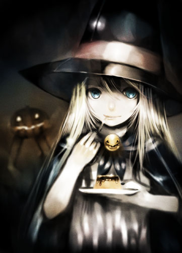 kei (keigarou), original, lowres, blonde hair, blue eyes, cape, eating, food, hat, long hair, pudding, solo, witch hat