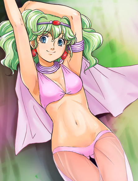 haruyama kazunori, houraisan no rakushu, lakshu, tenkuu senki shurato, 1girl, armpits, arms up, blue eyes, circlet, earrings, female focus, green hair, jewelry, long hair, midriff, navel, solo