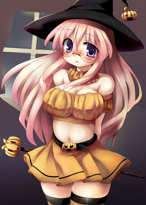 tekehiro, takara miyuki, lucky star, 00s, 1girl, blush, breasts, cleavage, female focus, glasses, halloween, hat, jack-o'-lantern, large breasts, long hair, midriff, navel, pink hair, pumpkin, purple eyes, solo, thighhighs, witch hat