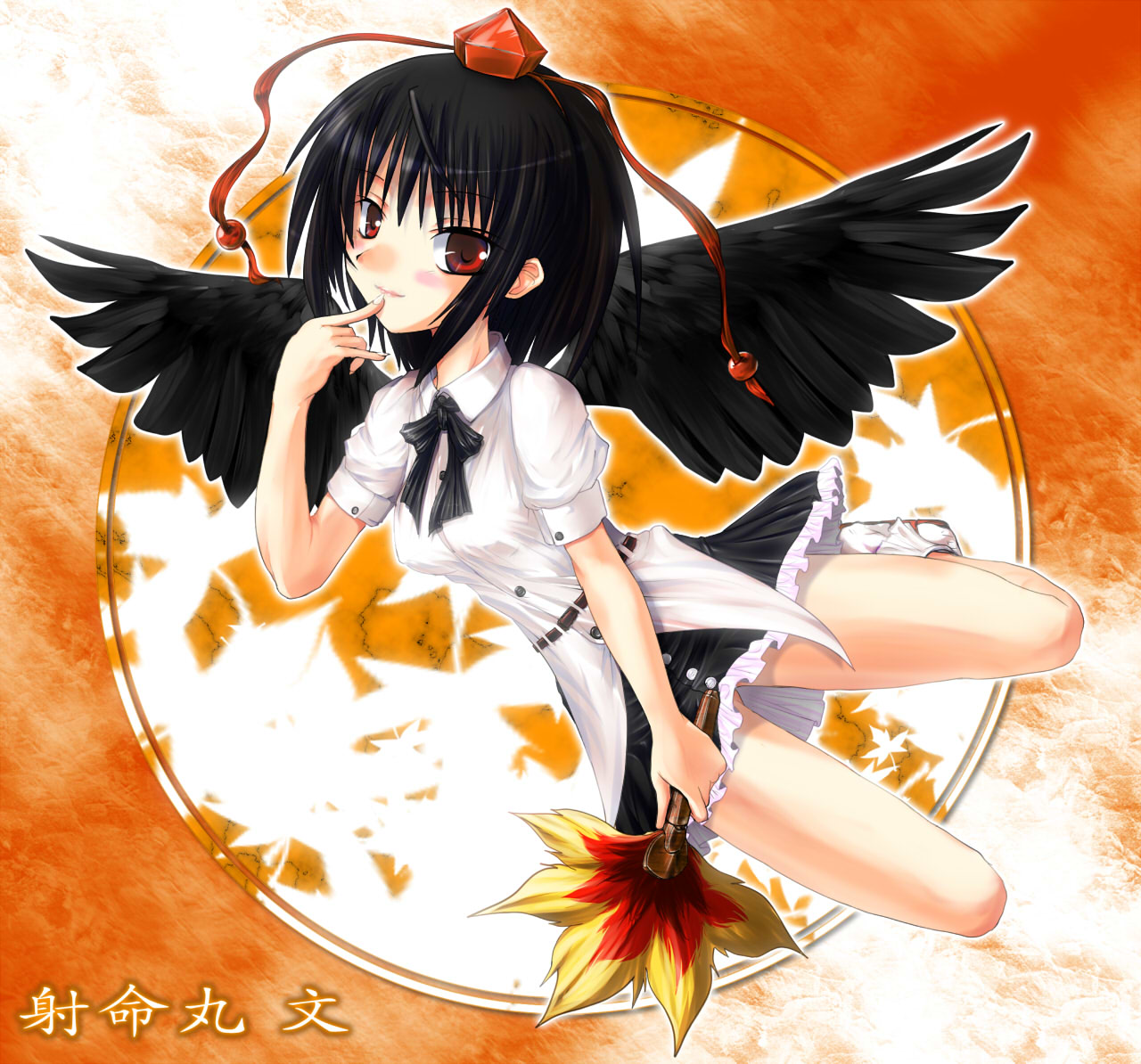 px, shameimaru aya, touhou, 1girl, bare legs, black bow, black bowtie, black hair, black skirt, black wings, blush, bow, bowtie, female focus, flying, full body, hand fan, hat, leaf, looking at viewer, miniskirt, puffy short sleeves, puffy sleeves, red eyes, short hair, short sleeves, sidelocks, skirt, solo, tassel, tokin hat, wings