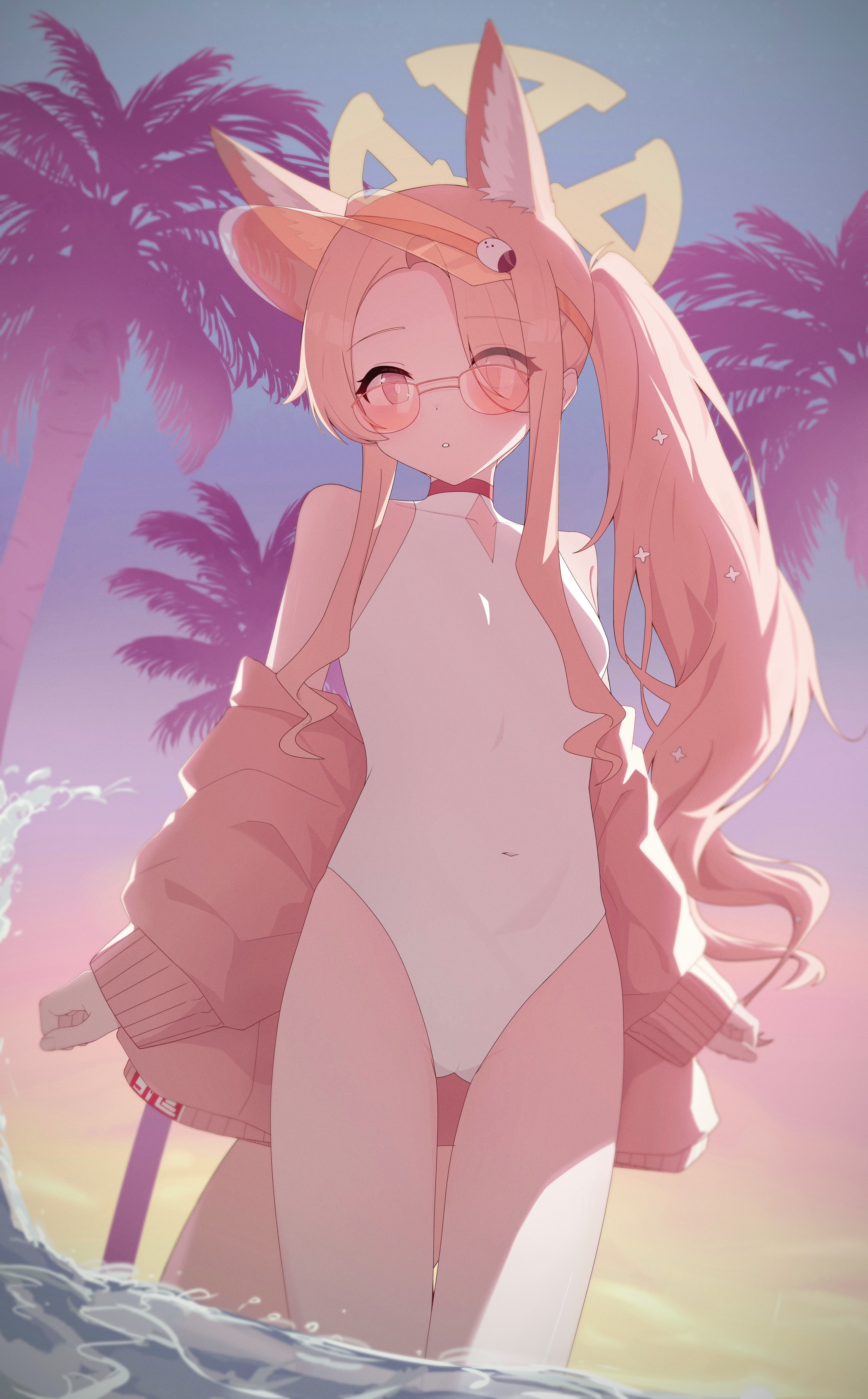 yydata1, seia (blue archive), seia (swimsuit) (blue archive), blue archive, absurdres, highres, 1girl, animal ear fluff, animal ears, blonde hair, breasts, clothing cutout, covered navel, cross halo, diamond cutout, fox ears, fox girl, fox tail, from below, gradient sky, halo, highleg, highleg one-piece swimsuit, jacket, long hair, official alternate costume, official alternate hairstyle, one-piece swimsuit, orange-tinted eyewear, orange eyes, palm tree, side ponytail, sky, small breasts, solo, sunglasses, sunset, swimsuit, tail, tinted eyewear, tree, visor cap, wading, water, white one-piece swimsuit, yellow halo, yellow jacket, yellow visor