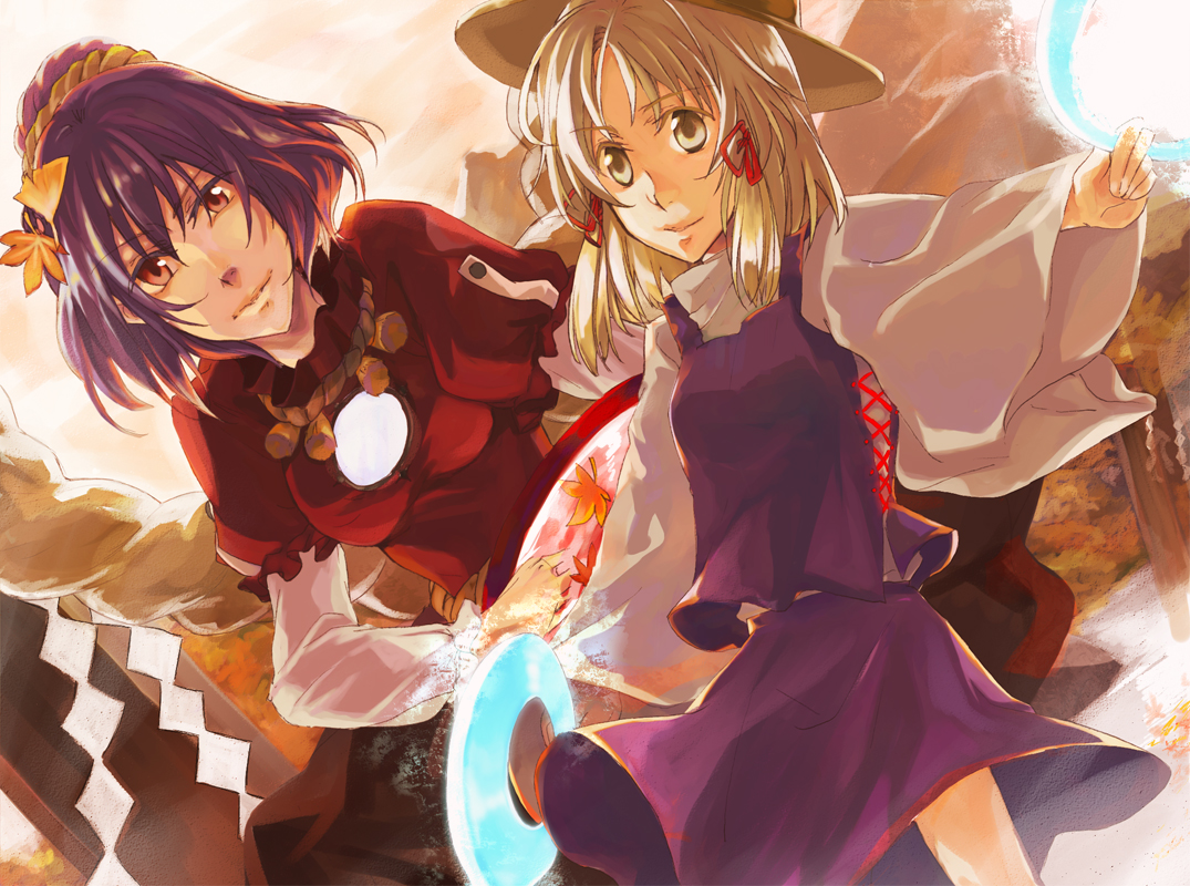kouno matsuri, nuebunny, moriya suwako, yasaka kanako, touhou, 2girls, blonde hair, brooch, dress, female focus, gem, hat, jewelry, looking at viewer, moriya's iron rings, multiple girls, outdoors, pillar, purple dress, purple hair, red dress, red eyes, rope, short hair, smile