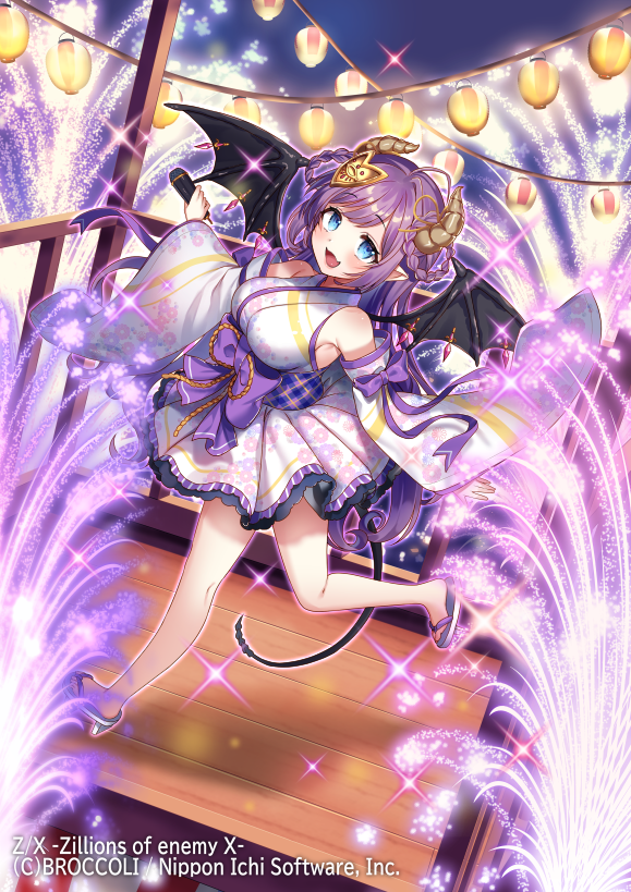 hanasaki mahiru, z/x, official art, 1girl, armpits, bare shoulders, blue eyes, bow, braid, braided hair rings, brown horns, copyright notice, demon girl, demon horns, demon tail, demon wings, detached sleeves, fireworks, floral print, floral print kimono, geta, hair ornament, hair rings, holding, holding microphone, horns, japanese clothes, kimono, lantern, long hair, microphone, night, night sky, obi bow, open mouth, outdoors, paper lantern, pointy ears, print kimono, purple bow, purple hair, sky, solo, sparkle, standing, standing on one leg, tail, ugly (z/x), wings
