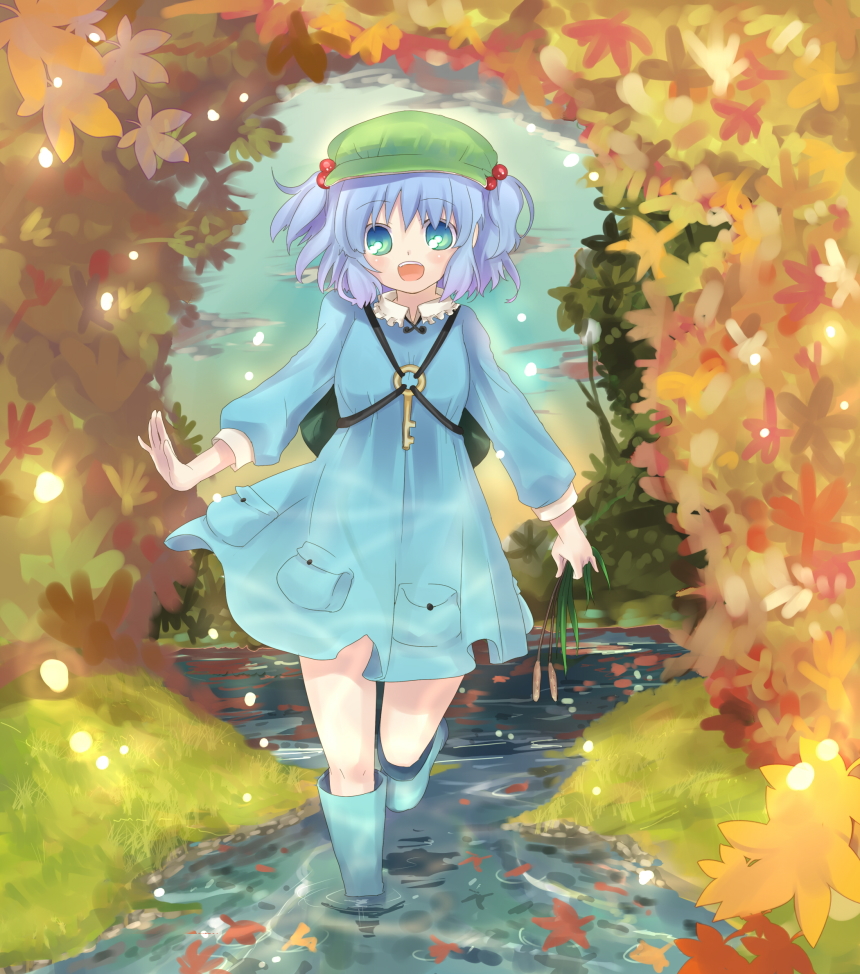 kippu, kawashiro nitori, touhou, bad id, bad pixiv id, 1girl, :d, autumn, backpack, bag, blue eyes, blue hair, boots, cattail, dress, female focus, green eyes, hat, key, matching hair/eyes, multicolored eyes, nature, open mouth, plant, randoseru, rubber boots, short hair, smile, solo, stream, twintails, two side up, wading, water