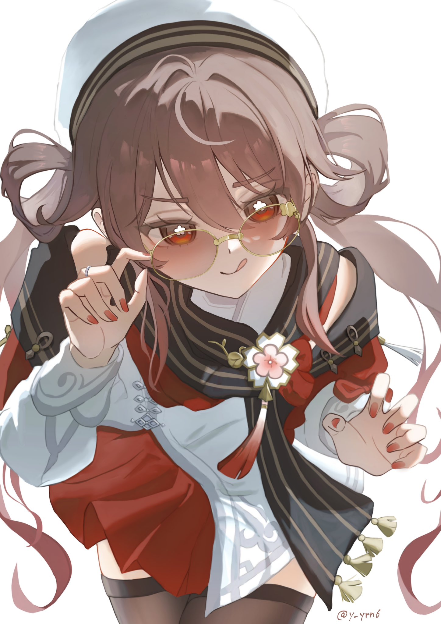 yurano (y yrn6), hu tao (cherries snow-laden) (genshin impact), hu tao (genshin impact), genshin impact, commentary request, highres, 1girl, :p, adjusting eyewear, brown hair, brown scarf, chinese clothes, closed mouth, cowboy shot, flower, flower-shaped pupils, hair between eyes, hand on eyewear, hat, jewelry, long hair, long sleeves, looking at viewer, nail polish, official alternate costume, official alternate hairstyle, red-tinted eyewear, red eyes, red nails, ring, round eyewear, scarf, simple background, smile, solo, symbol-shaped pupils, thighhighs, tinted eyewear, tongue, tongue out, twintails, twitter username, white background, white hat, yellow-framed eyewear