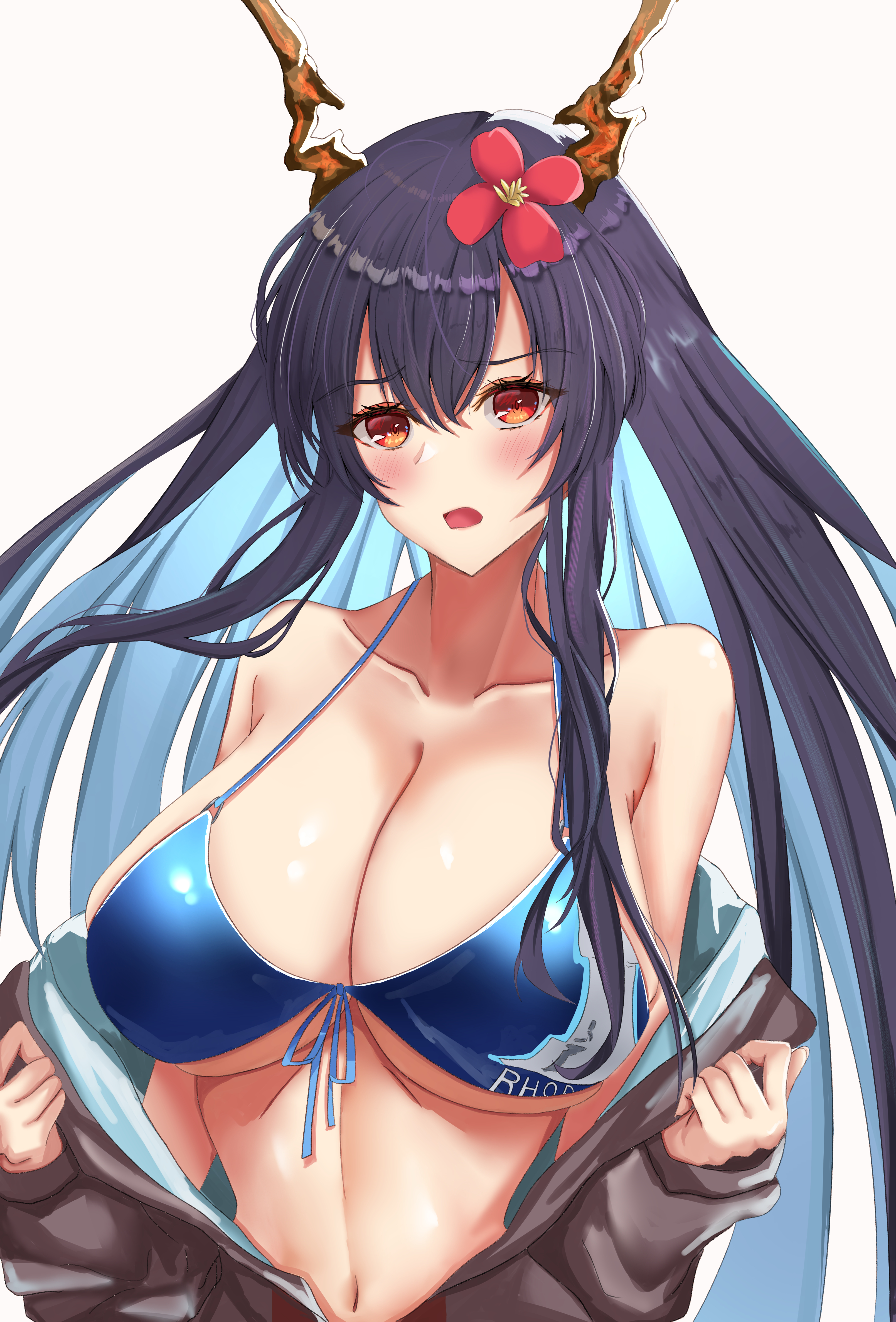 ch'en (arknights), ch'en the holungday (arknights), arknights, absurdres, highres, 1girl, alternate breast size (larger), bikini, bikini top only, blue bikini, blue hair, blush, breasts, cleavage, collarbone, dragon girl, dragon horns, front-tie bikini top, front-tie top, hair between eyes, horns, huge breasts, long hair, looking at viewer, navel, official alternate costume, open mouth, oysz 904, red eyes, rhodes island logo (arknights), simple background, solo, swimsuit, underboob, upper body, white background