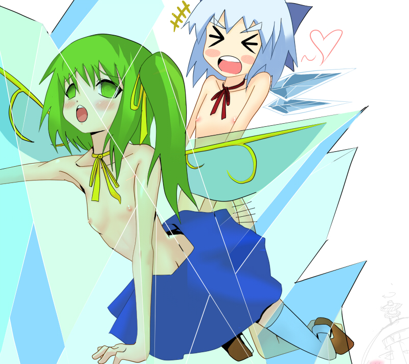 dateya torahachi, cirno, daiyousei, embodiment of scarlet devil, touhou, 1futa, 1girl, dry humping, empty eyes, flat chest, frozen, futanari, humping, implied futanari, loli, multiple girls, open mouth, sex, sex from behind, topless female