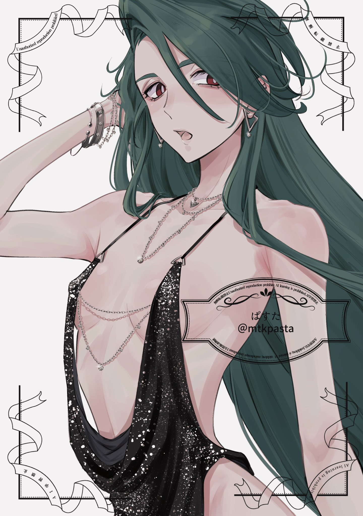 mtkpasta, rika (pokemon), nintendo, pokemon, pokemon xy, highres, 1girl, bare shoulders, bracelet, breasts, dress, earrings, green eyes, jewelry, long hair, multiple bracelets, necklace, open mouth, red eyes, simple background, solo, watermark
