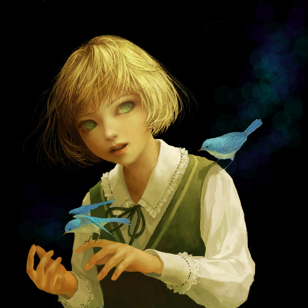 lo (artist), 1girl, animal, animal on shoulder, bird, bird on hand, bird on shoulder, blonde hair, female focus, green eyes, short hair, solo