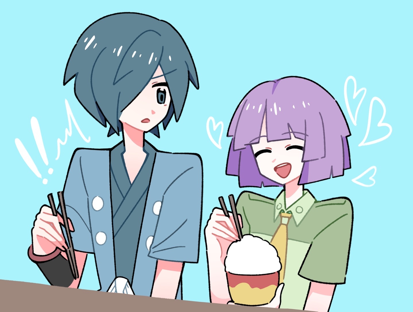 falken (yutozin), bugsy (pokemon), nintendo, pokemon, 2boys, chopsticks, multiple boys, purple hair, rice