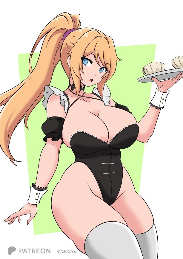 momocka-art, samus aran, metroid, nintendo, 1girl, black leotard, blonde hair, blue eyes, breasts, choker, cleavage, collarbone, cup, detached sleeves, green background, highleg, highleg leotard, holding, holding tray, large breasts, leotard, long hair, looking at viewer, maid, open mouth, ponytail, puffy sleeves, raised eyebrow, short sleeves, sidelocks, standing, teacup, thighhighs, tray, unconventional maid, waitress, white thighhighs, wrist cuffs