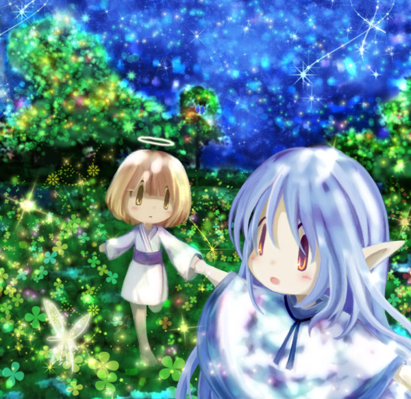 hakobune, blonde hair, blue hair, bug, butterfly, halo, insect, nature, night, pointy ears, star (symbol), traditional halo