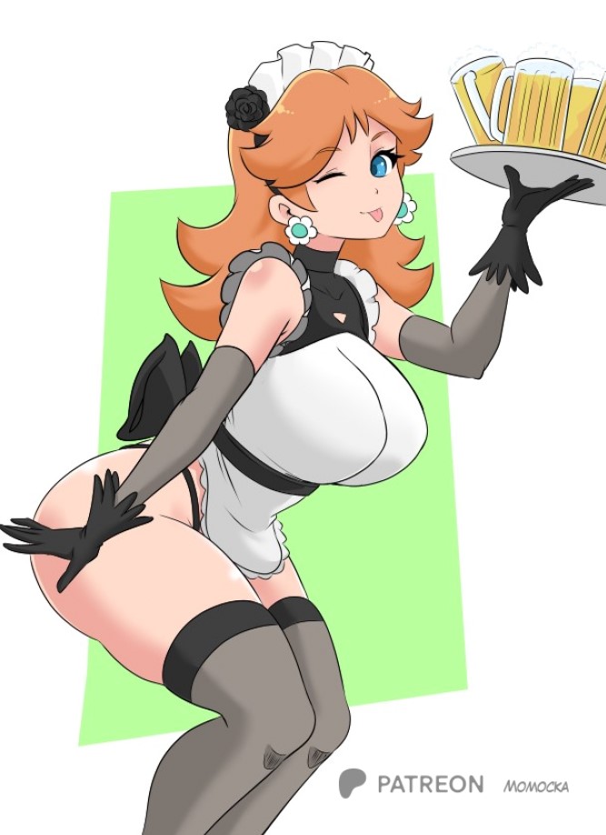 momocka-art, princess daisy, mario (series), nintendo, 1girl, alcohol, apron, beer, beer mug, black bow, black dress, black flower, black gloves, black panties, black thighhighs, blue eyes, bow, breasts, brown hair, cup, dress, drink, earrings, flower, flower earrings, gloves, green background, hair flower, hair ornament, highleg, highleg panties, holding, holding tray, jewelry, large breasts, leaning forward, long hair, looking at viewer, maid, maid apron, maid headdress, mug, one eye closed, panties, smile, standing, thighhighs, tongue, tongue out, tray, unconventional maid, underwear, waist bow, waitress, white apron, wink