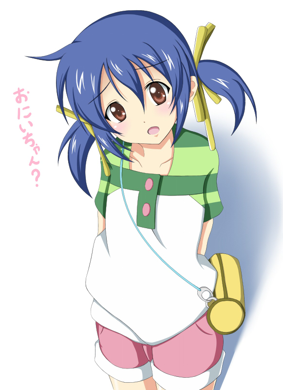 minatsuki nao, sunohara mei, clannad, bad id, bad pixiv id, translation request, 00s, 1girl, bag, blue hair, brown eyes, denim, denim shorts, female focus, handbag, raglan sleeves, short hair, shorts, solo