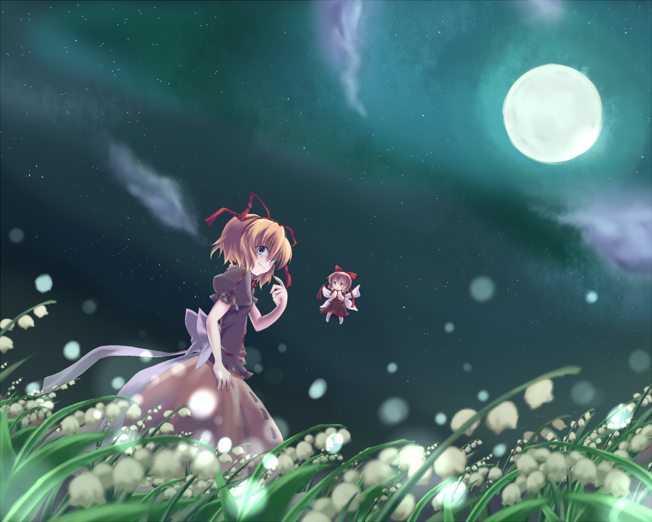 amagase lyle, rairu, medicine melancholy, su-san, touhou, 1girl, blonde hair, blue eyes, cloud, doll, dress, female focus, flower, grass, lily of the valley, moon, ribbon, short hair, sky, solo, star (sky), star (symbol), starry sky