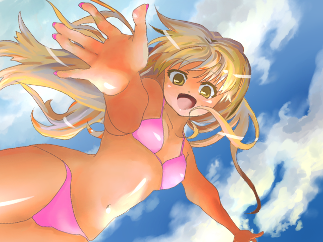 negitako, original, bad id, bad pixiv id, 1girl, bikini, blonde hair, brown eyes, day, female focus, jumping, long hair, pink bikini, sky, solo, swimsuit