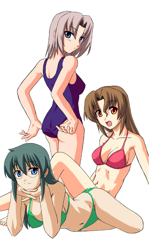 minazuki honoo, harukaze chiharu, kijima saki, maria (hayate no gotoku!), hayate no gotoku!, 00s, 3girls, barefoot, bikini, blue eyes, brown eyes, brown hair, green hair, long hair, multiple girls, one-piece swimsuit, school swimsuit, short hair, swimsuit, white hair