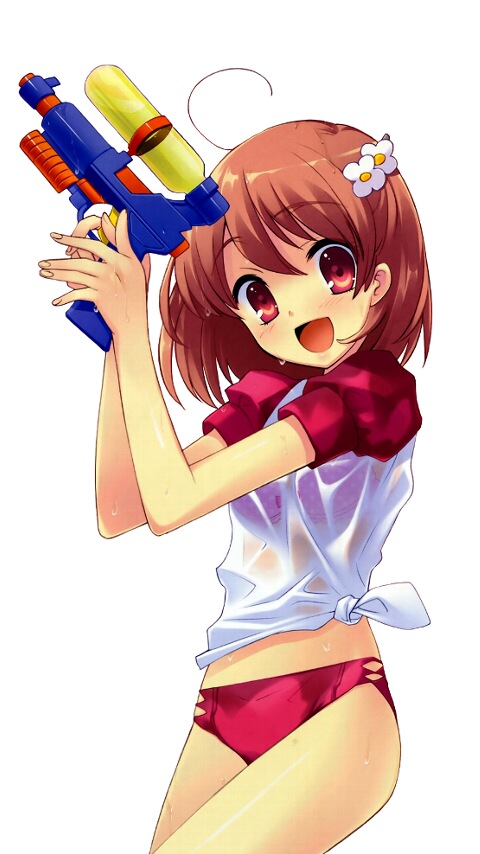 ito noizi, inaba yui, flyable heart, 1girl, bikini, bow, bow bra, bra, brown hair, female focus, hair ornament, hairclip, lingerie, pink bra, polka dot, polka dot bra, red eyes, see-through clothes, shirt, short hair, solo, swimsuit, tied shirt, underwear, water gun, wet, wet clothes, wet shirt