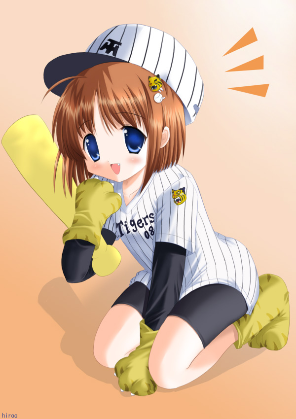 hirok, waha, yamato suzuran, hanshin tigers, nippon professional baseball, suigetsu, non-web source, 1girl, :d, ahoge, animal hands, animal print, baseball bat, baseball cap, baseball uniform, bike shorts, blue eyes, boots, brown hair, clothes writing, fang, female focus, gloves, hair ornament, hat, jersey, kneeling, open mouth, short hair, smile, solo, sportswear, tabi, tiger paws, tiger print