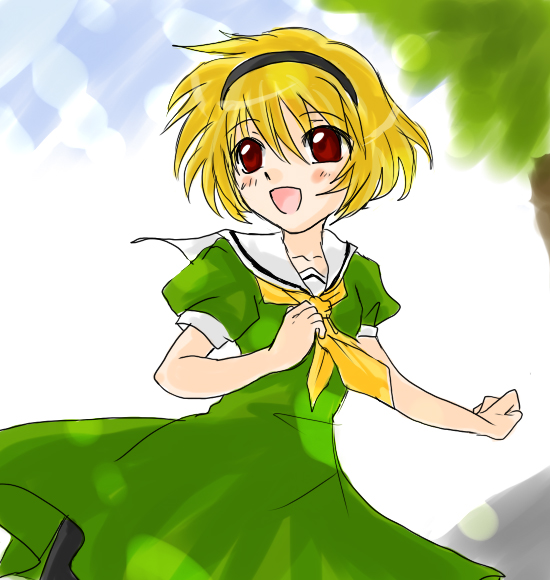 hanasaki fuuka, kasaki fuuka, houjou satoko, higurashi no naku koro ni, bad id, bad pixiv id, 00s, blonde hair, dress, hairband, pantyhose, red eyes, sailor dress, short hair, solo