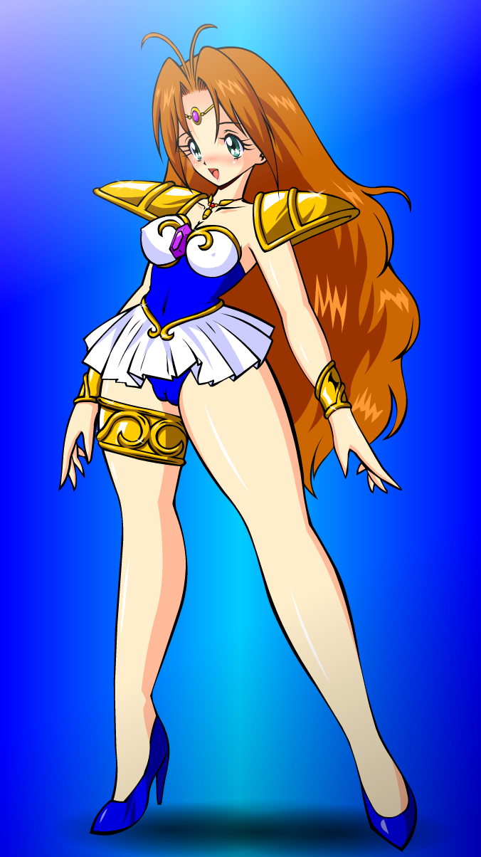 jyb unknown, angel lily, tanima yuri, ai tenshi densetsu wedding peach, highres, 1990s (style), 1girl, armor, blue background, blue eyes, brown hair, cameltoe, female focus, high heels, legs, long hair, magical girl, panties, pantyshot, pauldrons, retro artstyle, shoes, shoulder armor, solo, underwear
