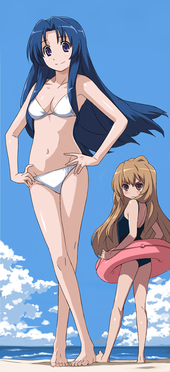 imo works, aisaka taiga, kawashima ami, toradora!, 00s, 2girls, barefoot, beach, bikini, blue hair, breasts, brown hair, cloud, crossed legs, day, feet, hands on own hips, innertube, legs, long hair, medium breasts, multiple girls, ocean, outdoors, purple eyes, sky, small breasts, standing, swim ring, swimsuit, watson cross, white bikini